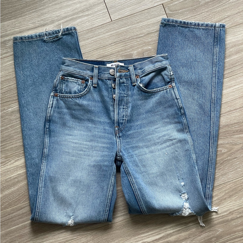 Redone 90s High Rise Loose Medium Destroyed Blue Wash Sz 24 100% Cotton EUC - Picture 11 of 13